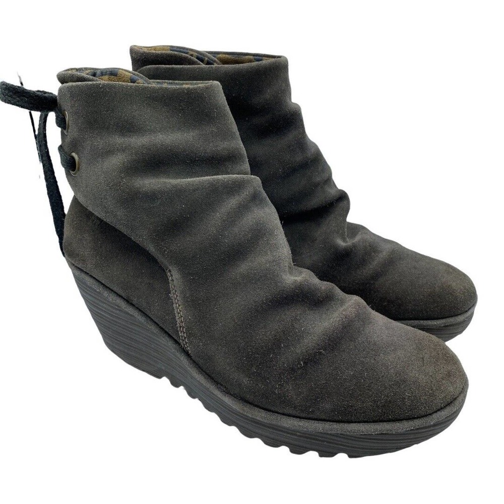 FLY London Yama Lace Back Booties Boots Size 40 EU / 9-9.5 US Olive Green Brown